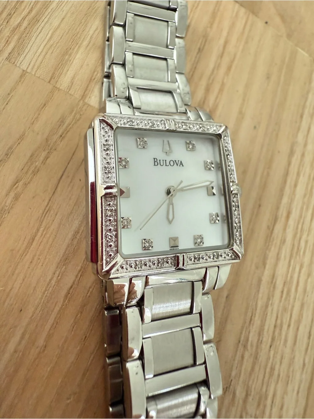 Bulova Silver Tone Mother-of-Pearl Dial Crystal Accent Ladies Watch